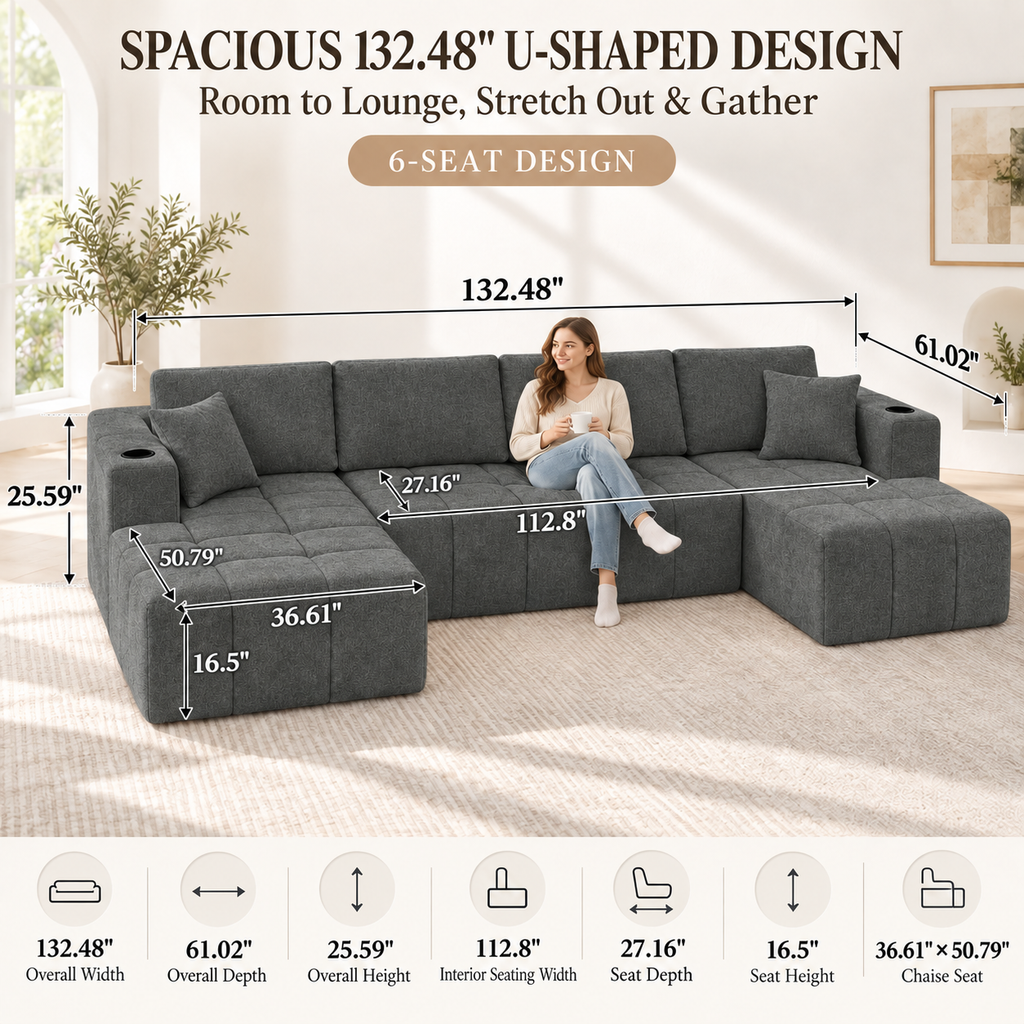 132.5" U-Shaped Chenille Sectional Sofa, 6-Seater Cloud Couch with Dual Chaises, Cup Holders & Side Pockets, No Assembly, Dark Gray