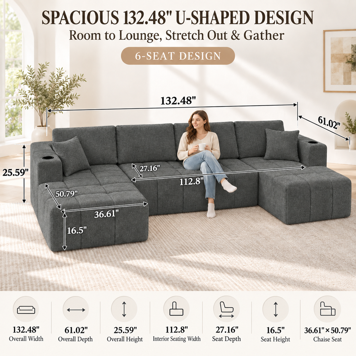 132.5" U-Shaped Chenille Sectional Sofa, 6-Seater Cloud Couch with Dual Chaises, Cup Holders & Side Pockets, No Assembly, Dark Gray