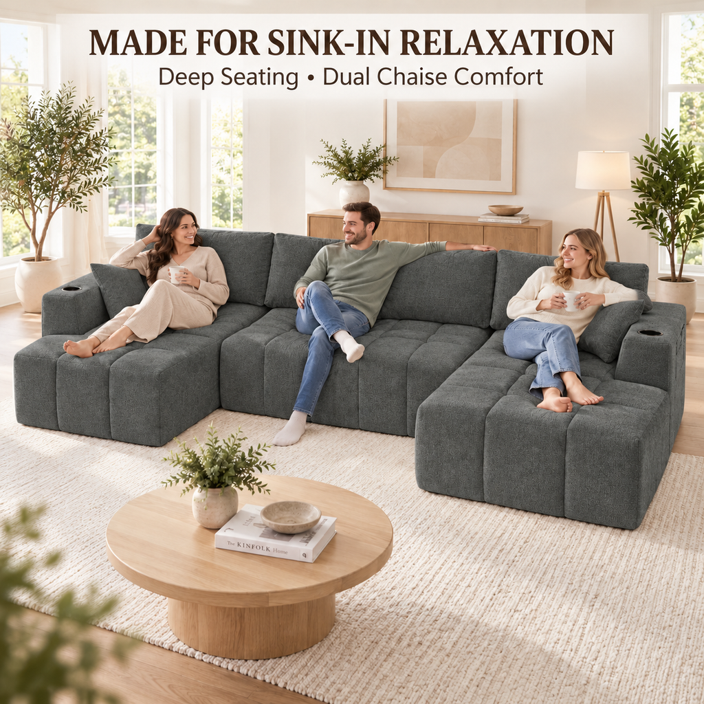 132.5" U-Shaped Chenille Sectional Sofa, 6-Seater Cloud Couch with Dual Chaises, Cup Holders & Side Pockets, No Assembly, Dark Gray