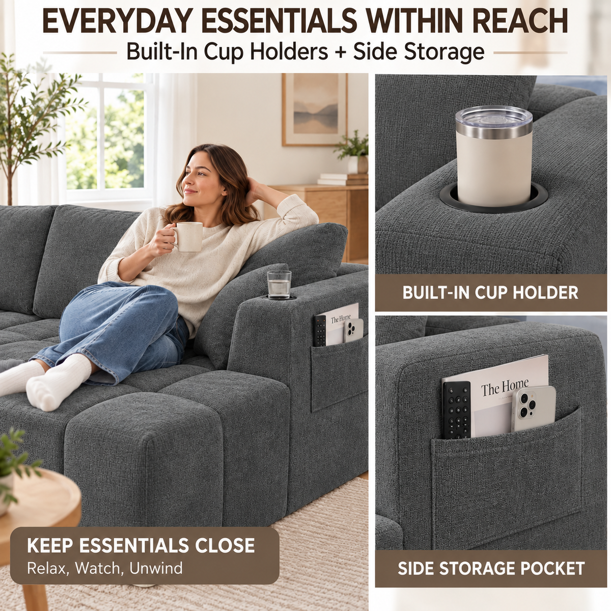132.5" U-Shaped Chenille Sectional Sofa, 6-Seater Cloud Couch with Dual Chaises, Cup Holders & Side Pockets, No Assembly, Dark Gray