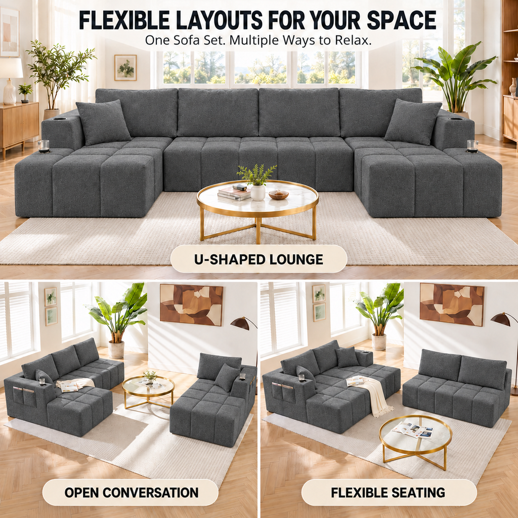 132.5" U-Shaped Chenille Sectional Sofa, 6-Seater Cloud Couch with Dual Chaises, Cup Holders & Side Pockets, No Assembly, Dark Gray