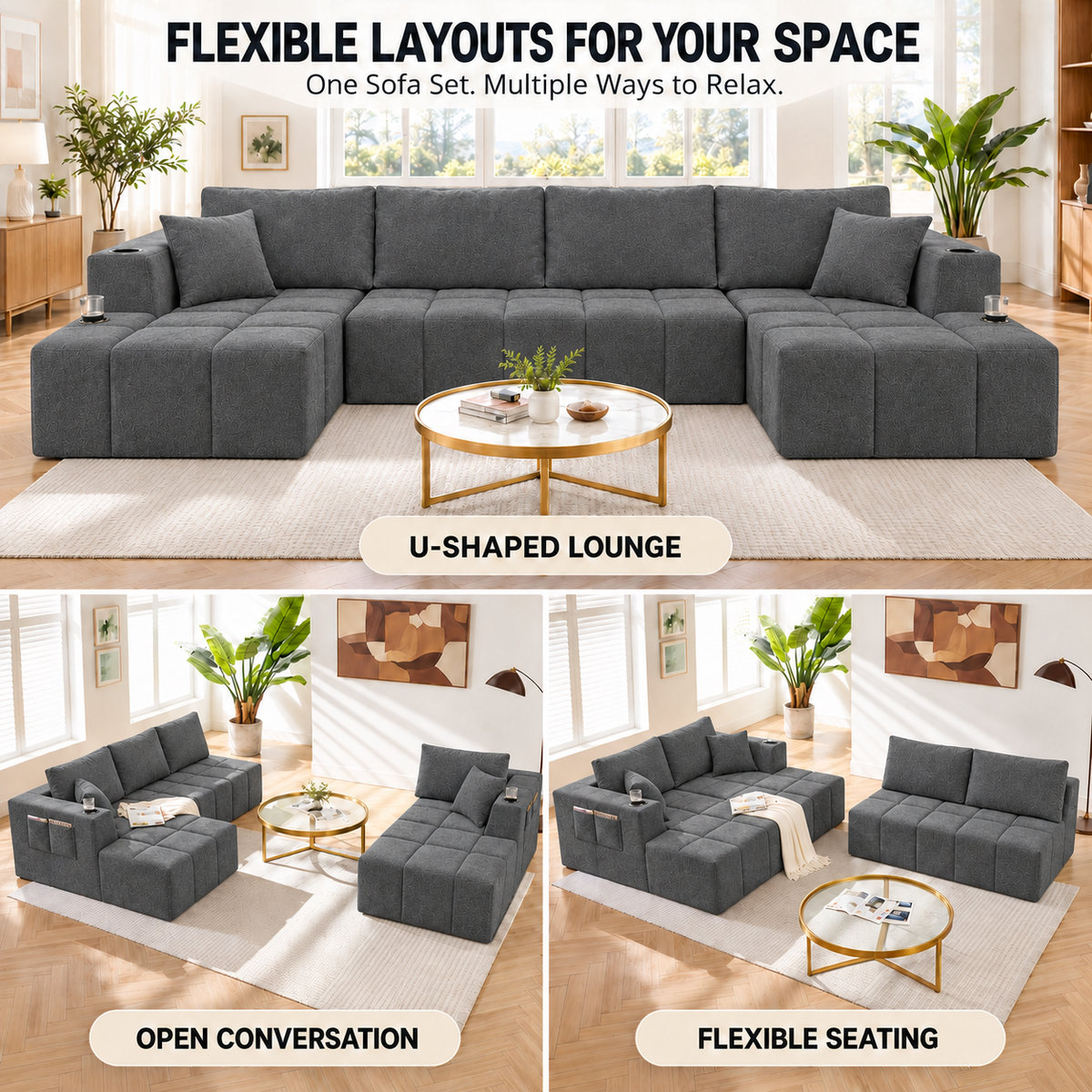 132.5" U-Shaped Chenille Sectional Sofa, 6-Seater Cloud Couch with Dual Chaises, Cup Holders & Side Pockets, No Assembly, Dark Gray