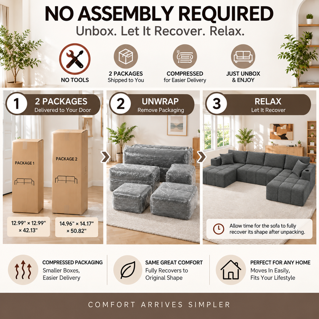 132.5" U-Shaped Chenille Sectional Sofa, 6-Seater Cloud Couch with Dual Chaises, Cup Holders & Side Pockets, No Assembly, Dark Gray