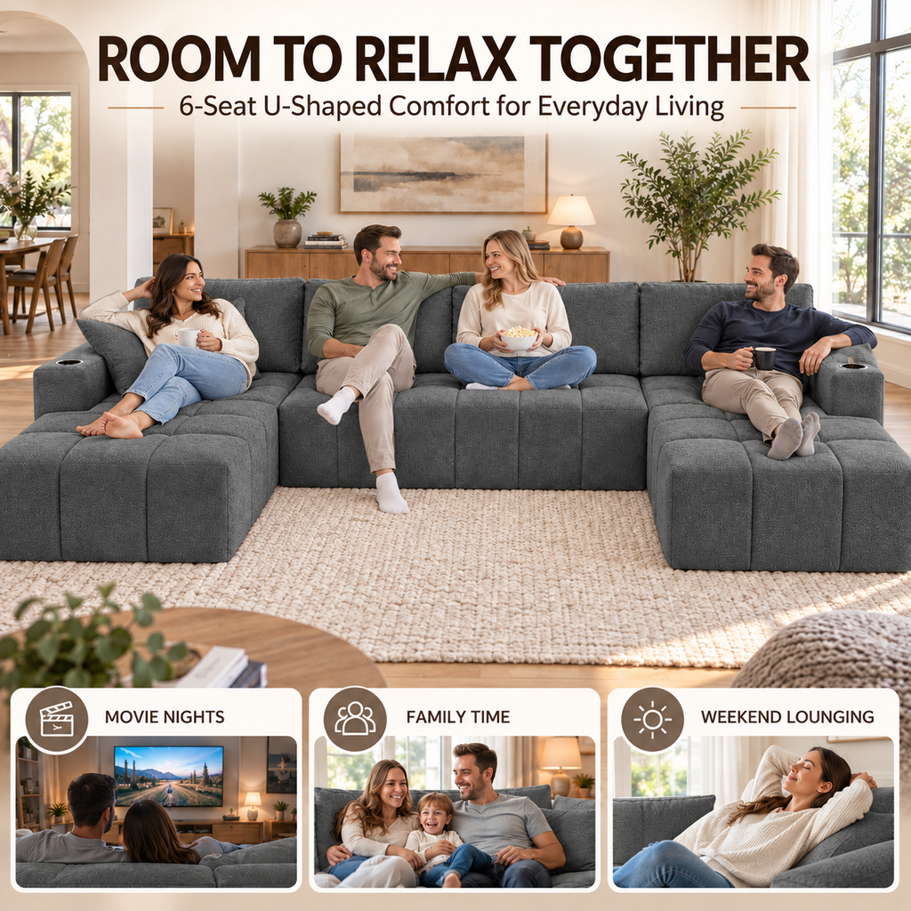 132.5" U-Shaped Chenille Sectional Sofa, 6-Seater Cloud Couch with Dual Chaises, Cup Holders & Side Pockets, No Assembly, Dark Gray