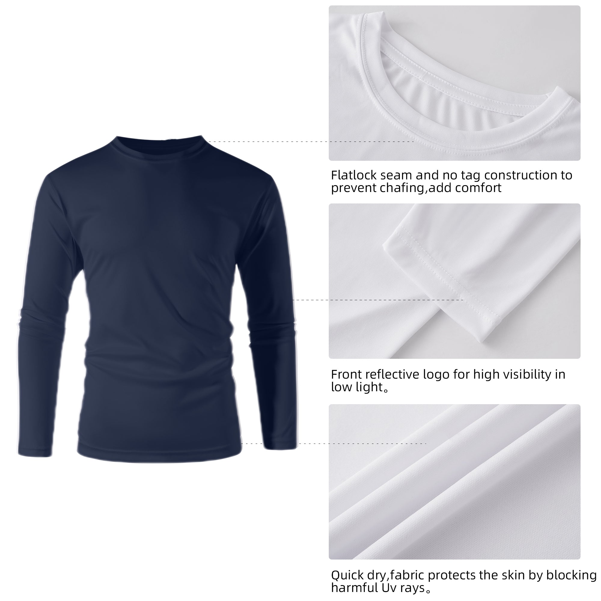 ZBORIBER Men's Quick Dry UPF 50+ UV Sun Protection Moisture Wicking Long Sleeve T-Shirt for Casual Workout,Sizes S-3XL,Navy