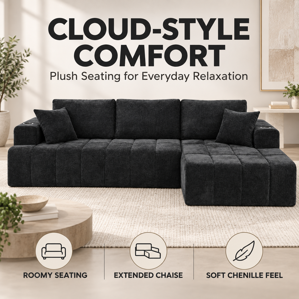 108.3" L-Shaped Chenille Sectional Sofa with Chaise, Cup Holders & Side Pockets, No Assembly, Black