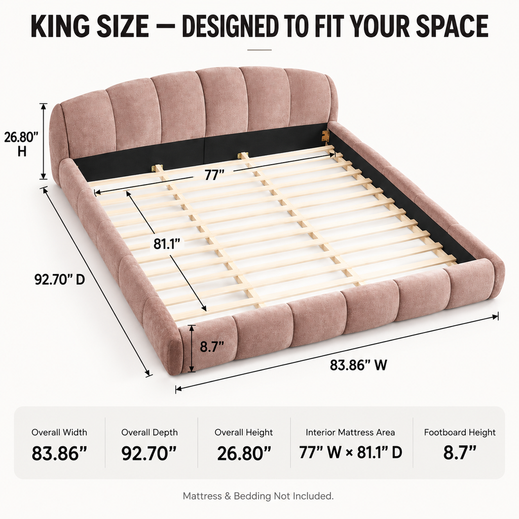 King Size Chenille Upholstered Platform Bed Frame, Curved Headboard & Wrapped Footboard, Low Profile Bed, Wood Slats, No Box Spring Needed, Pink