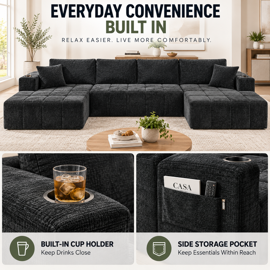 132.5" U-Shaped Chenille Sectional Sofa, 6-Seater Cloud Couch with Dual Chaises, Cup Holders & Side Pockets, No Assembly, Black
