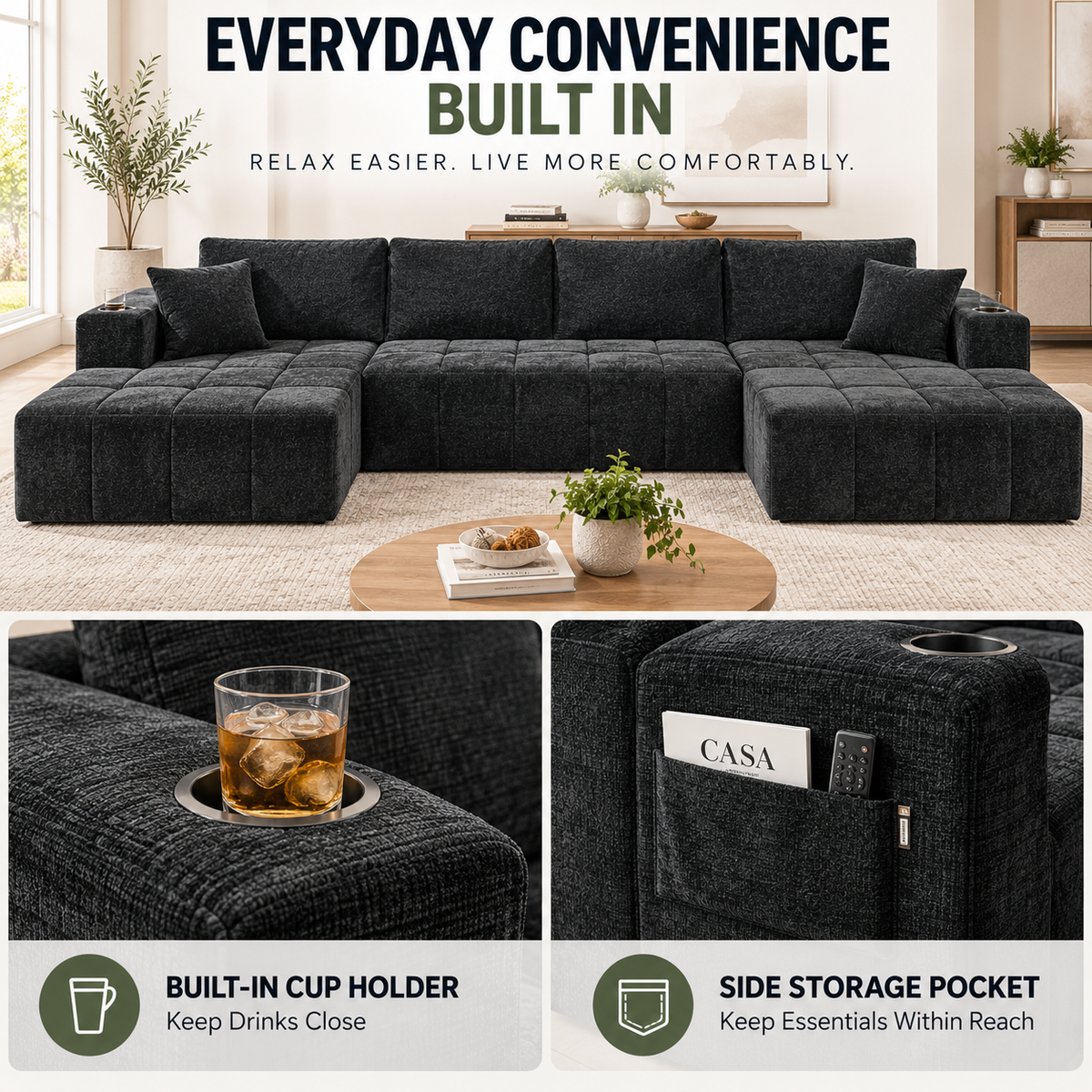 132.5" U-Shaped Chenille Sectional Sofa, 6-Seater Cloud Couch with Dual Chaises, Cup Holders & Side Pockets, No Assembly, Black