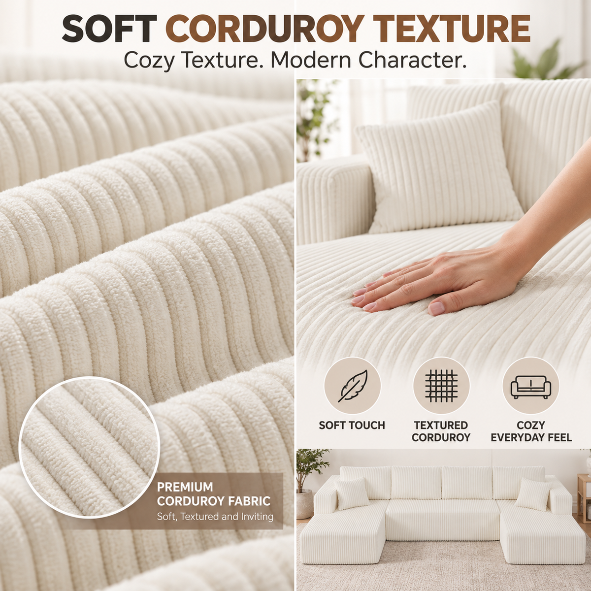 132.5" U-Shaped Modular Corduroy Sectional Sofa, 6-Seater Memory Foam Cloud Couch with Side Pockets, No Assembly, Beige