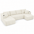132.5" U-Shaped Chenille Sectional Sofa, 6-Seater Cloud Couch with Dual Chaises, Cup Holders & Side Pockets, No Assembly, Beige