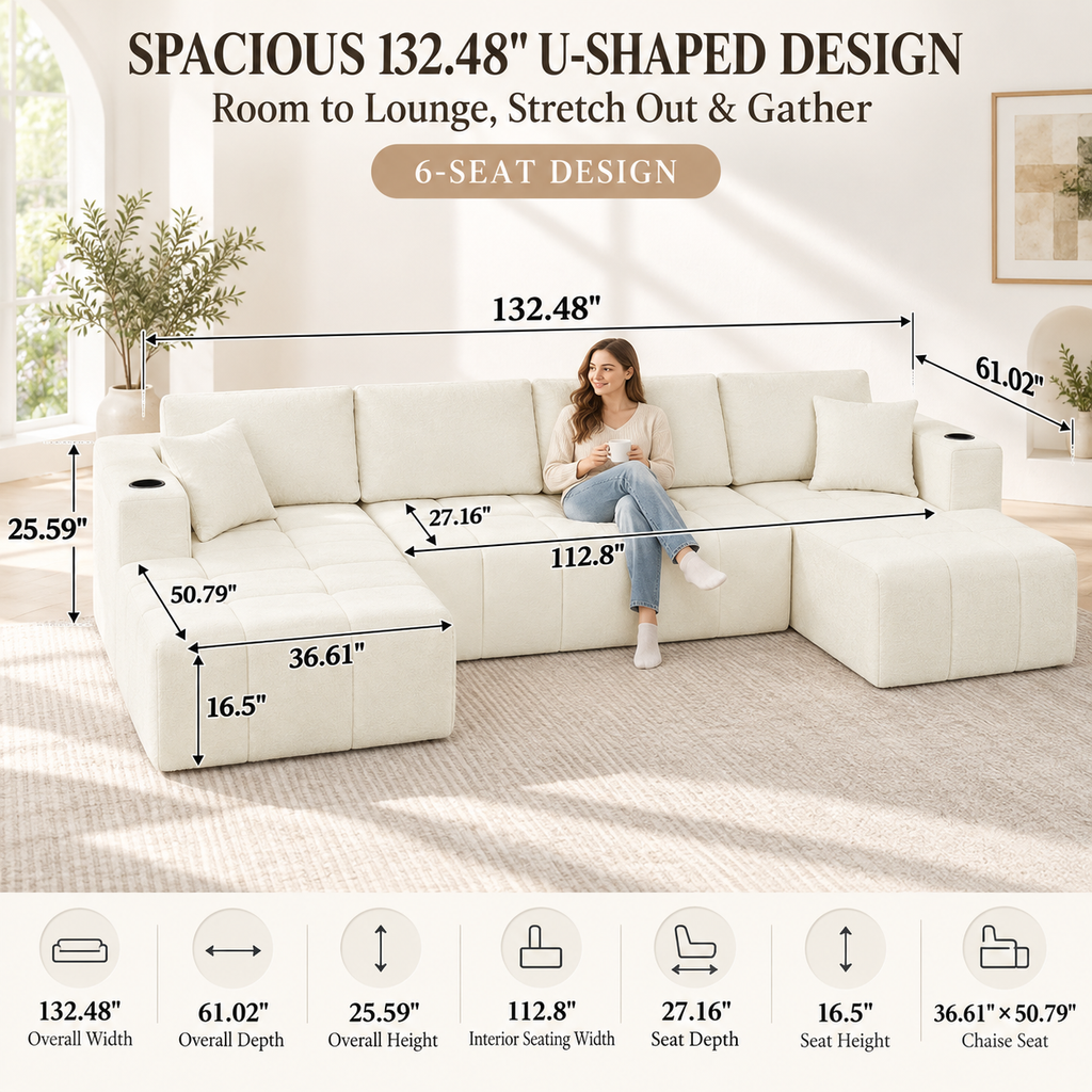 132.5" U-Shaped Chenille Sectional Sofa, 6-Seater Cloud Couch with Dual Chaises, Cup Holders & Side Pockets, No Assembly, Beige