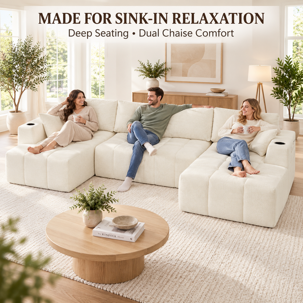 132.5" U-Shaped Chenille Sectional Sofa, 6-Seater Cloud Couch with Dual Chaises, Cup Holders & Side Pockets, No Assembly, Beige