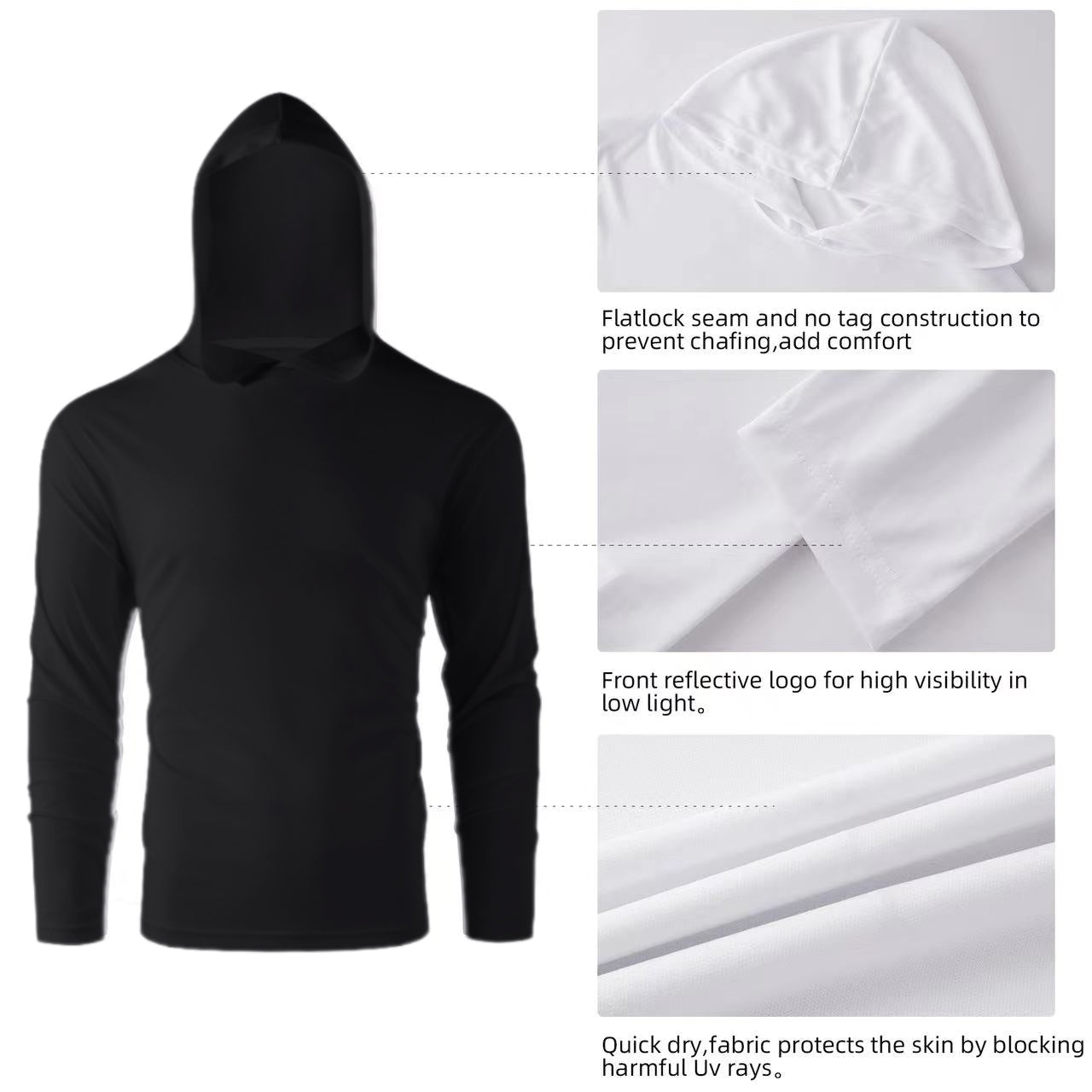 ZBORIBER Men's Hooded T-shirt, Moisture-Wicking,Quick-Drying,Black,Sizes S-3XL