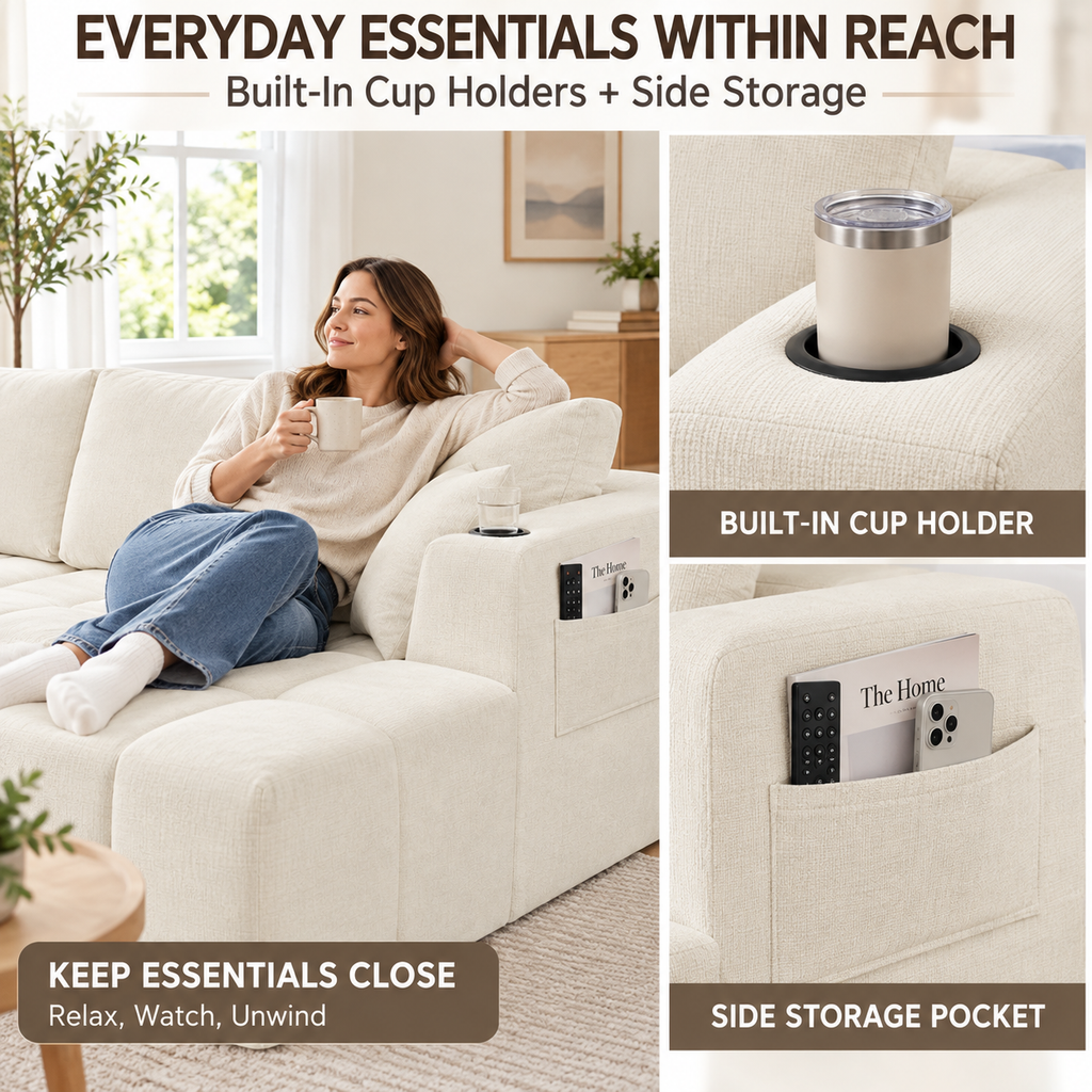 132.5" U-Shaped Chenille Sectional Sofa, 6-Seater Cloud Couch with Dual Chaises, Cup Holders & Side Pockets, No Assembly, Beige