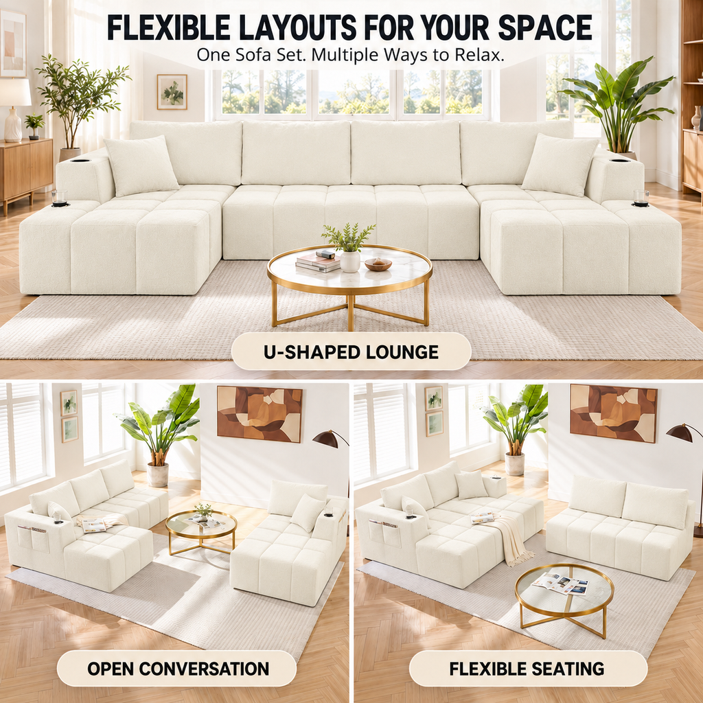 132.5" U-Shaped Chenille Sectional Sofa, 6-Seater Cloud Couch with Dual Chaises, Cup Holders & Side Pockets, No Assembly, Beige