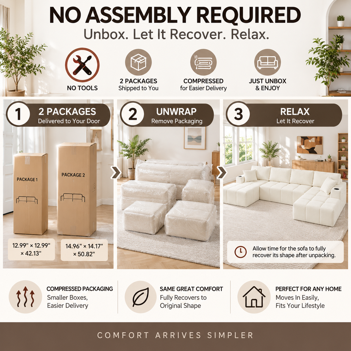 132.5" U-Shaped Chenille Sectional Sofa, 6-Seater Cloud Couch with Dual Chaises, Cup Holders & Side Pockets, No Assembly, Beige