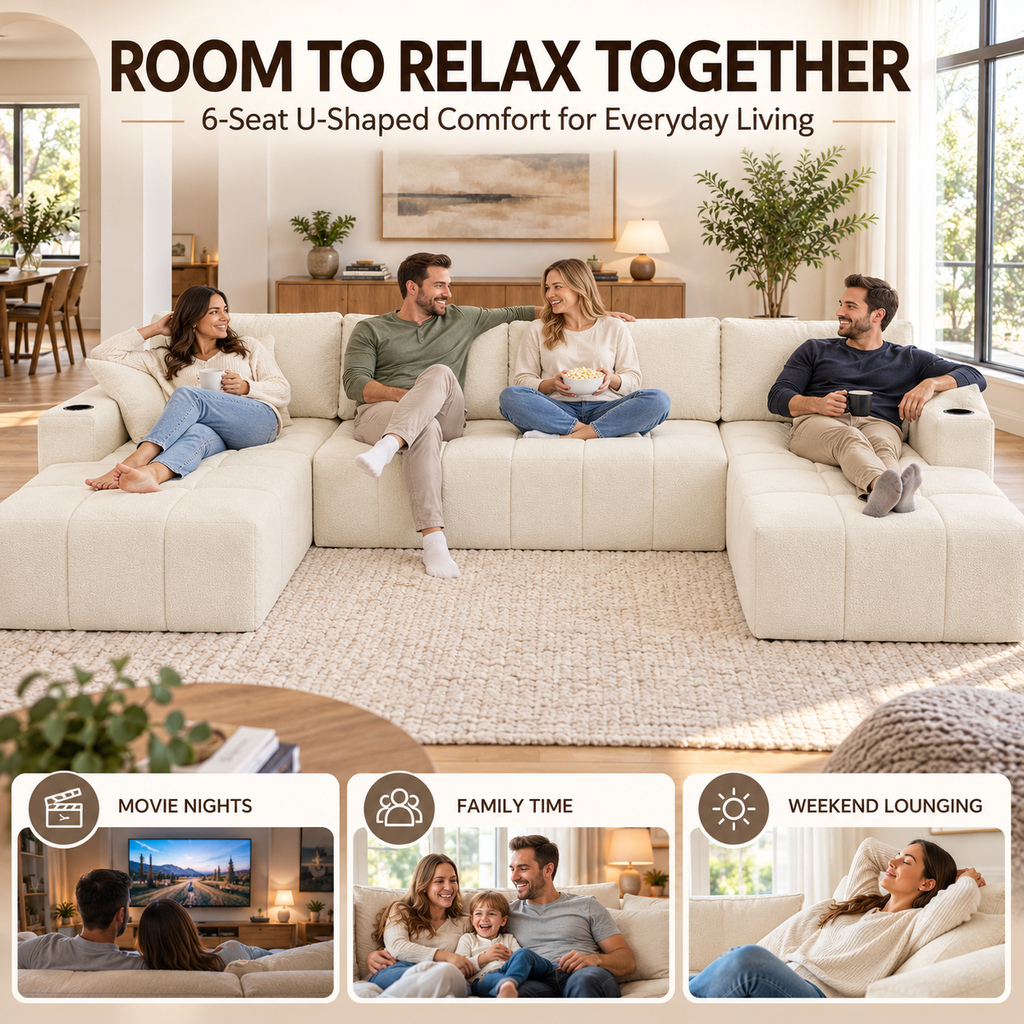 132.5" U-Shaped Chenille Sectional Sofa, 6-Seater Cloud Couch with Dual Chaises, Cup Holders & Side Pockets, No Assembly, Beige