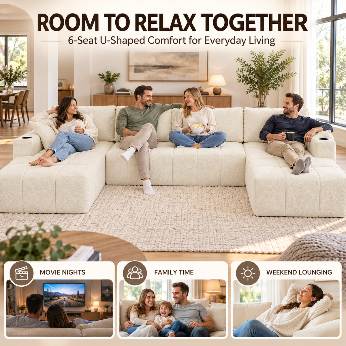 132.5" U-Shaped Chenille Sectional Sofa, 6-Seater Cloud Couch with Dual Chaises, Cup Holders & Side Pockets, No Assembly, Beige