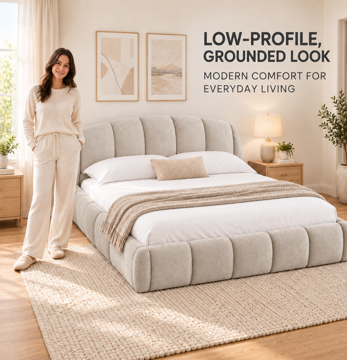 Queen Chenille Upholstered Platform Bed Frame, Curved Headboard, Beige