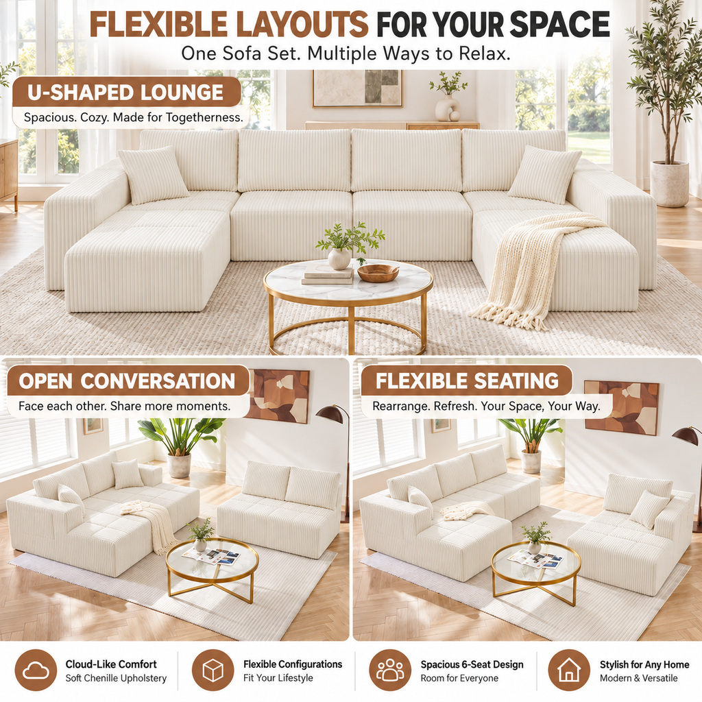 132.5" U-Shaped Modular Corduroy Sectional Sofa, 6-Seater Memory Foam Cloud Couch with Side Pockets, No Assembly, Beige