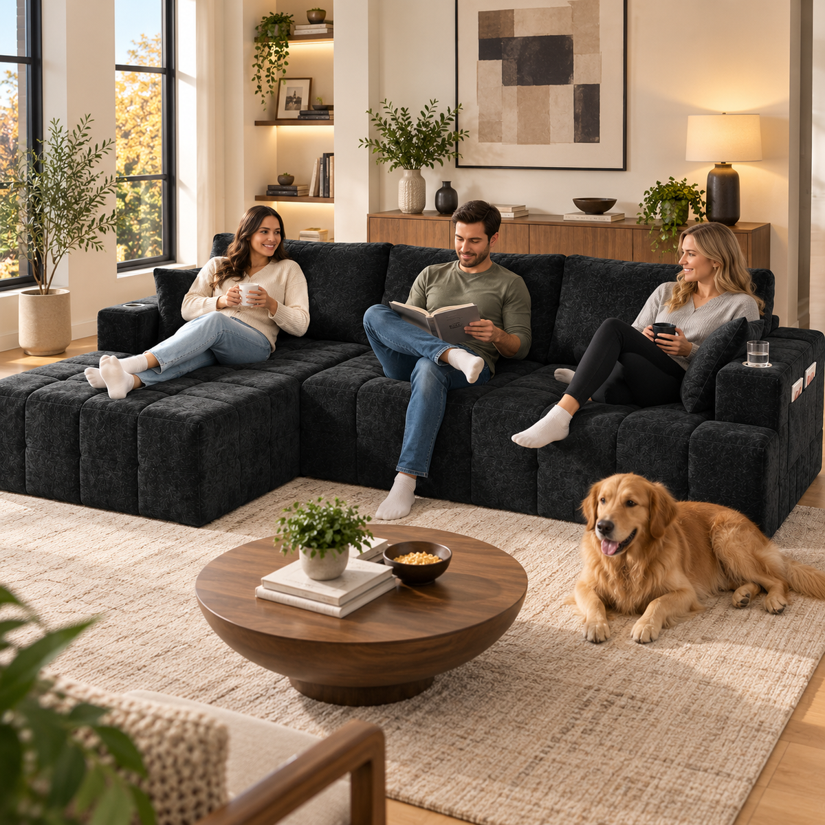 108-Inch L-Shaped Chenille Cloud Sectional Sofa with Chaise, No Assembly, Black