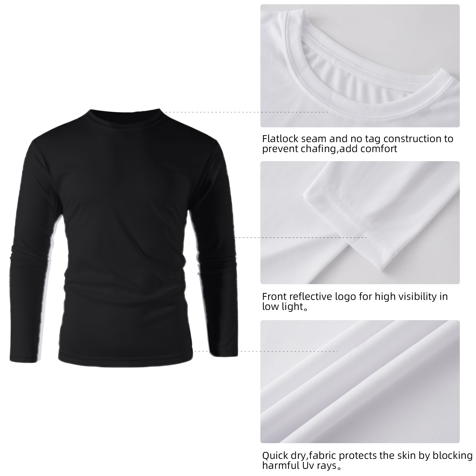 ZBORIBER Men's Quick Dry UPF 50+ UV Sun Protection Moisture Wicking Long Sleeve T-Shirt for Casual Workout,Sizes S-3XL,Black