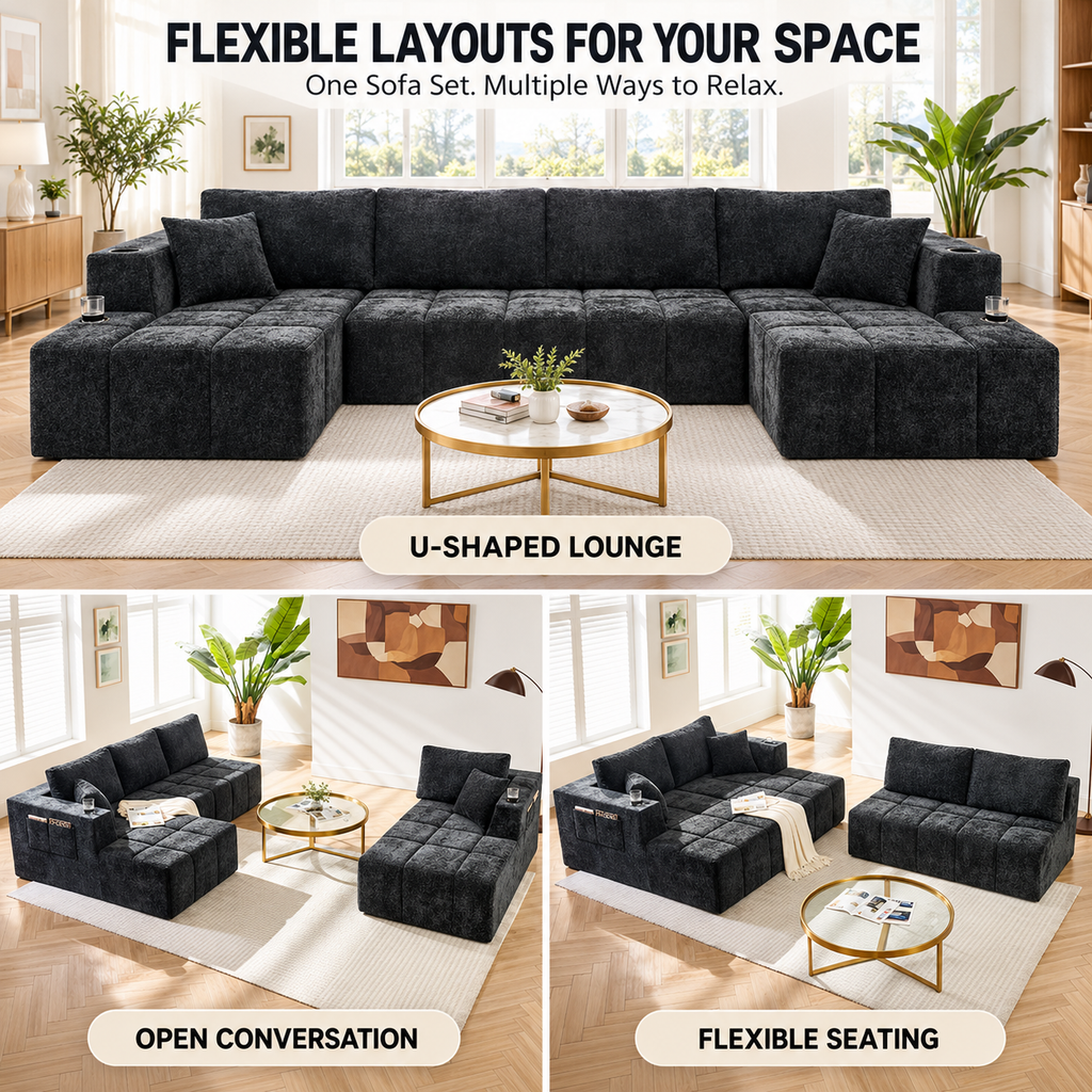 132.5" U-Shaped Chenille Sectional Sofa, 6-Seater Cloud Couch with Dual Chaises, Cup Holders & Side Pockets, No Assembly, Black