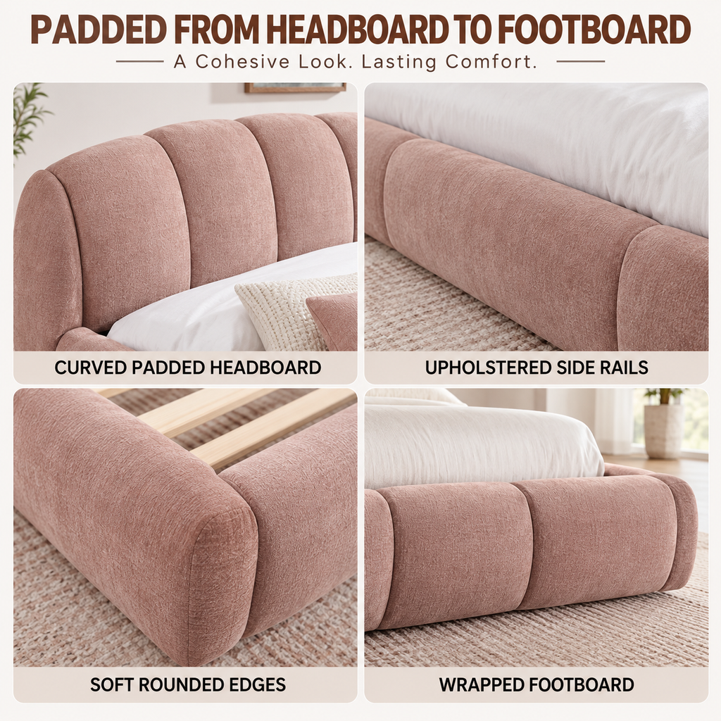 King Size Chenille Upholstered Platform Bed Frame, Curved Headboard & Wrapped Footboard, Low Profile Bed, Wood Slats, No Box Spring Needed, Pink