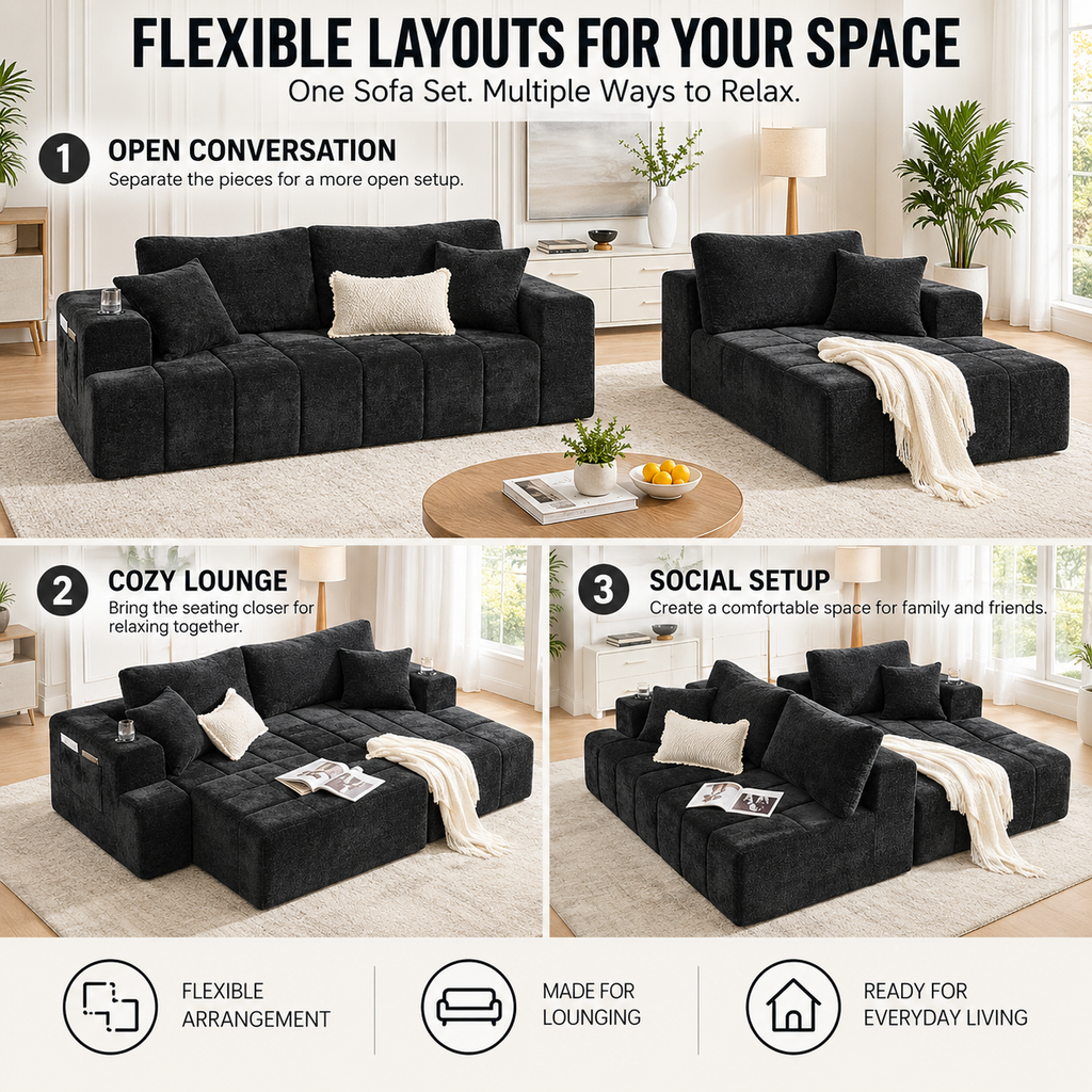 108.3" L-Shaped Chenille Sectional Sofa with Chaise, Cup Holders & Side Pockets, No Assembly, Black