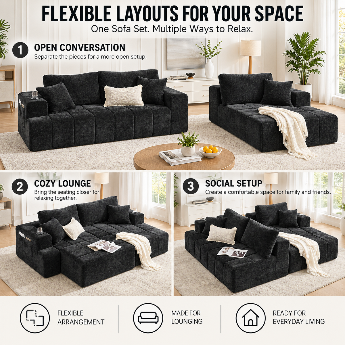 108.3" L-Shaped Chenille Sectional Sofa with Chaise, Cup Holders & Side Pockets, No Assembly, Black