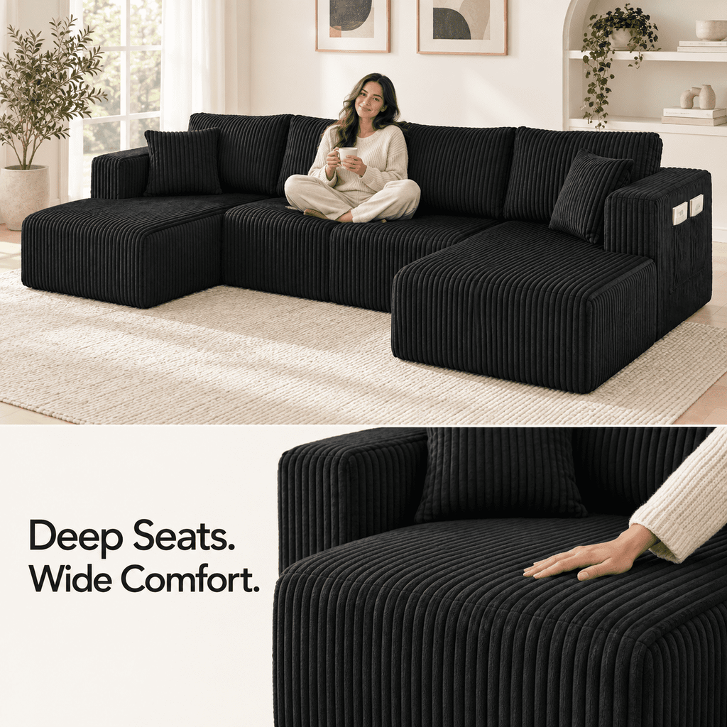 132.5" U Shaped Boneless Modular Sectional Sofa, Oversized Corduroy Couch with Double Chaise, Deep Seats & Side Pockets, No Assembly Compression Sofa for Living Room, Black