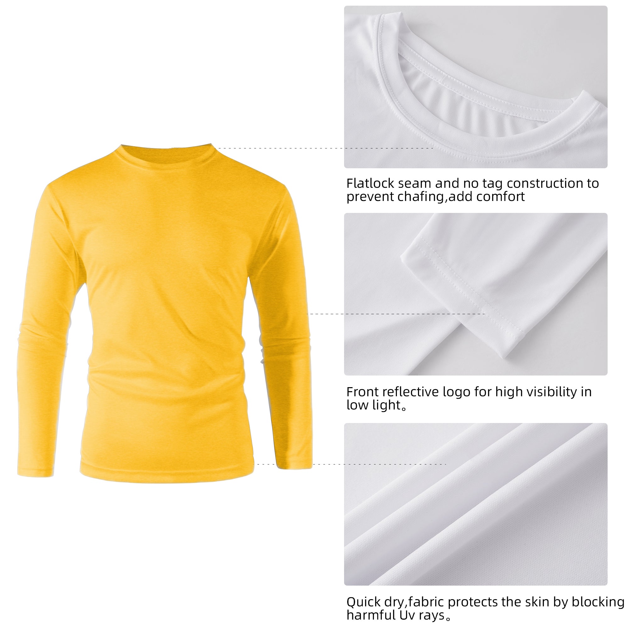 ZBORIBER Men's Quick Dry UPF 50+ UV Sun Protection Moisture Wicking Long Sleeve T-Shirt for Casual Workout,Sizes S-3XL,Heather Yellow