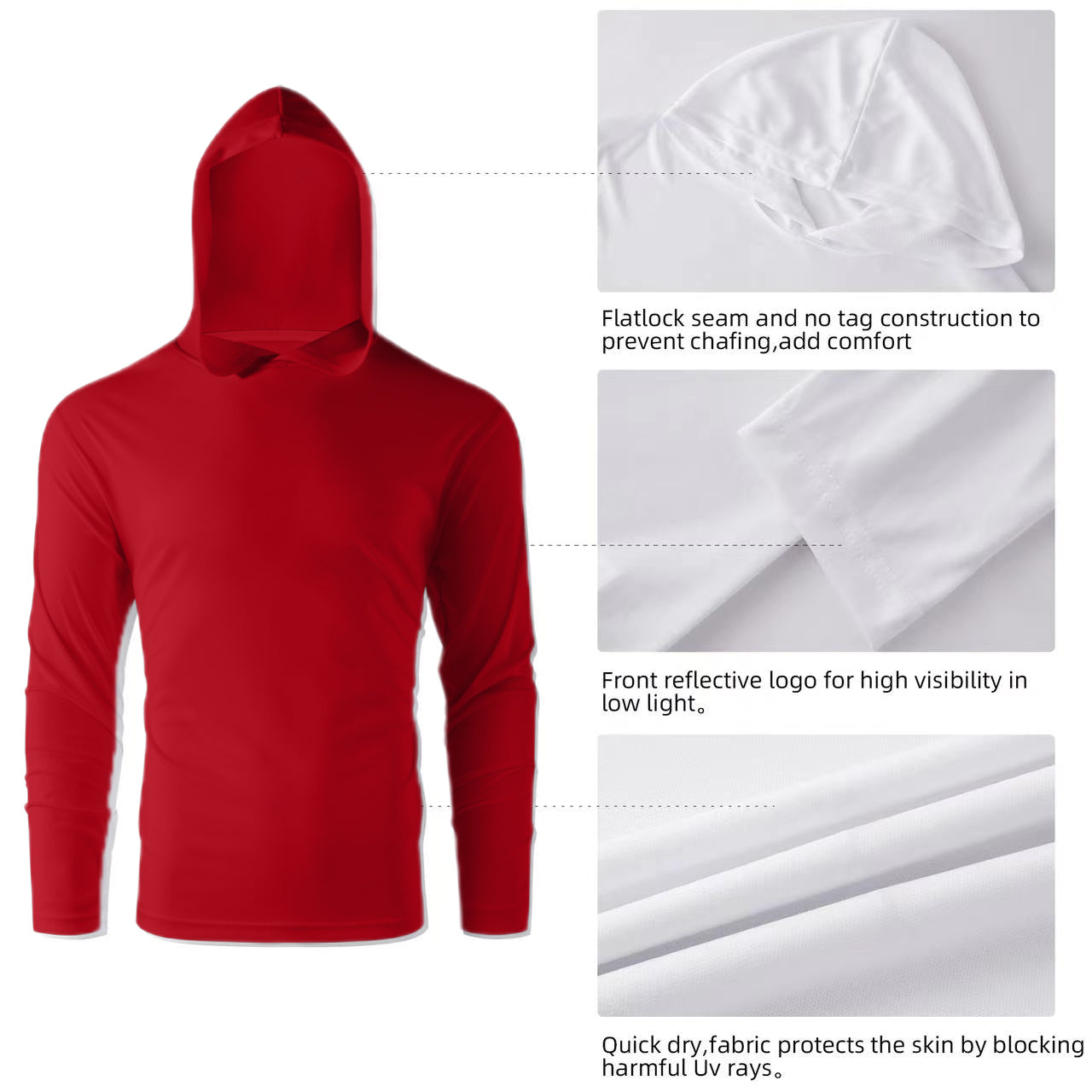 ZBORIBER Men's Hooded T-shirt, Moisture-Wicking,Quick-Drying,Red,Sizes S-3XL