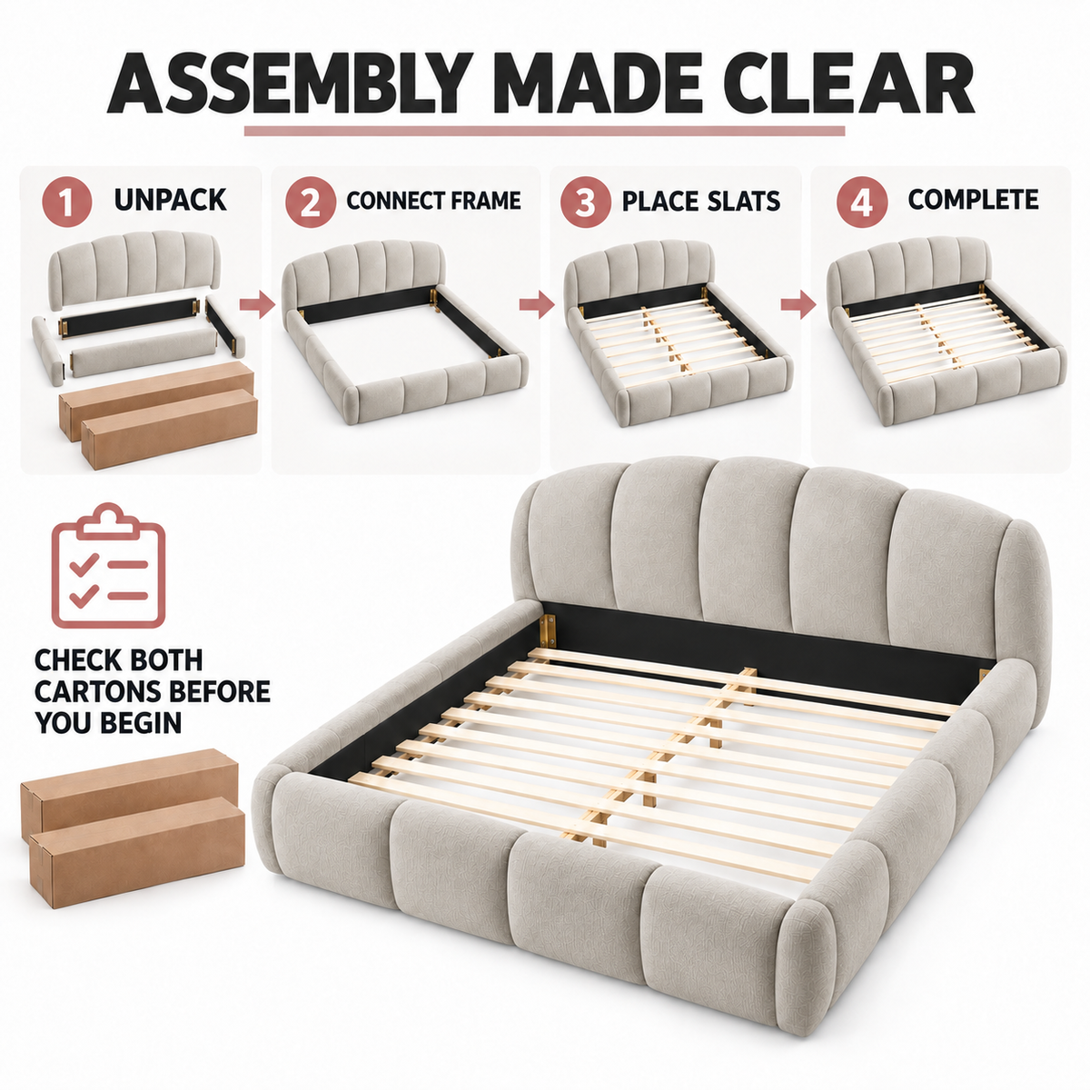 Queen Chenille Upholstered Platform Bed Frame, Curved Headboard, Beige