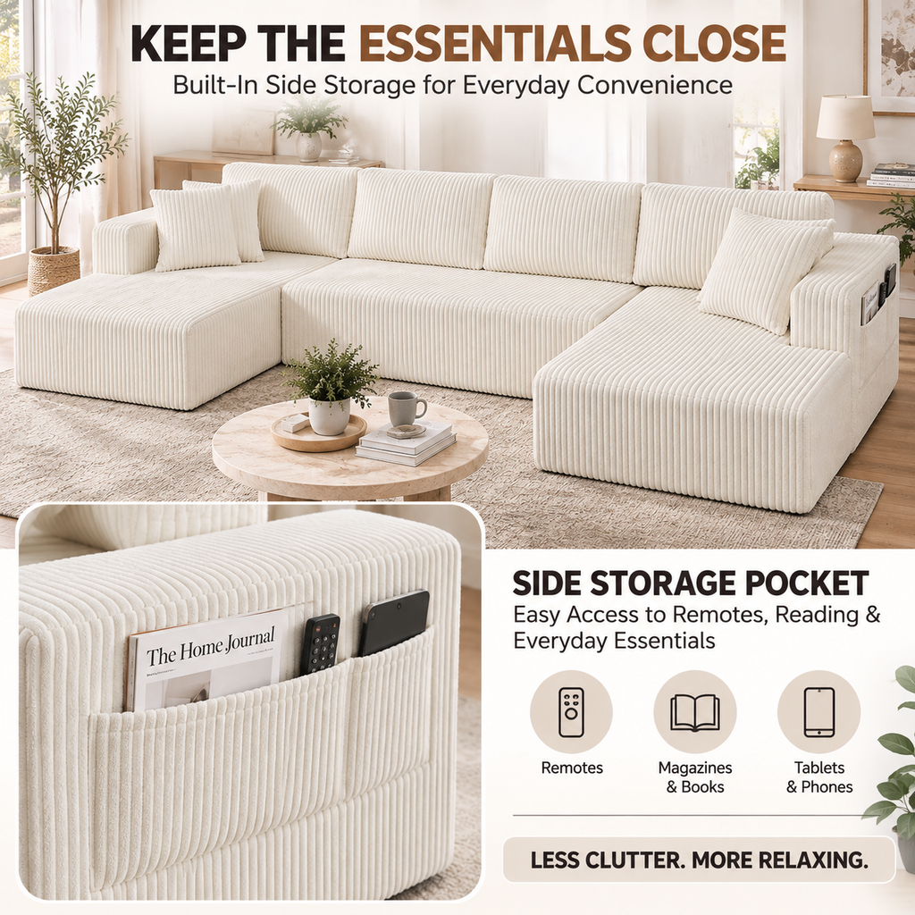 132.5" U-Shaped Modular Corduroy Sectional Sofa, 6-Seater Memory Foam Cloud Couch with Side Pockets, No Assembly, Beige