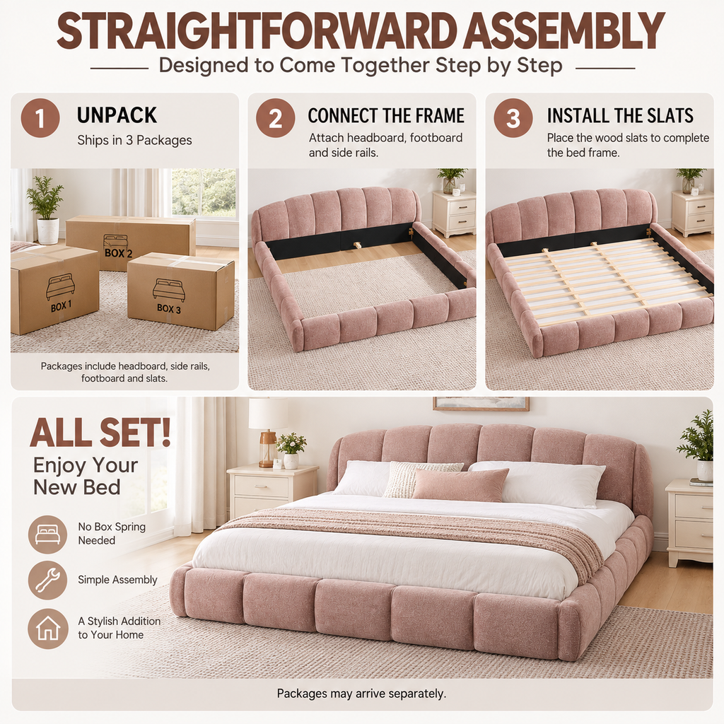 King Size Chenille Upholstered Platform Bed Frame, Curved Headboard & Wrapped Footboard, Low Profile Bed, Wood Slats, No Box Spring Needed, Pink