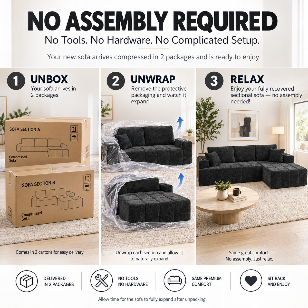 108.3" L-Shaped Chenille Sectional Sofa with Chaise, Cup Holders & Side Pockets, No Assembly, Black