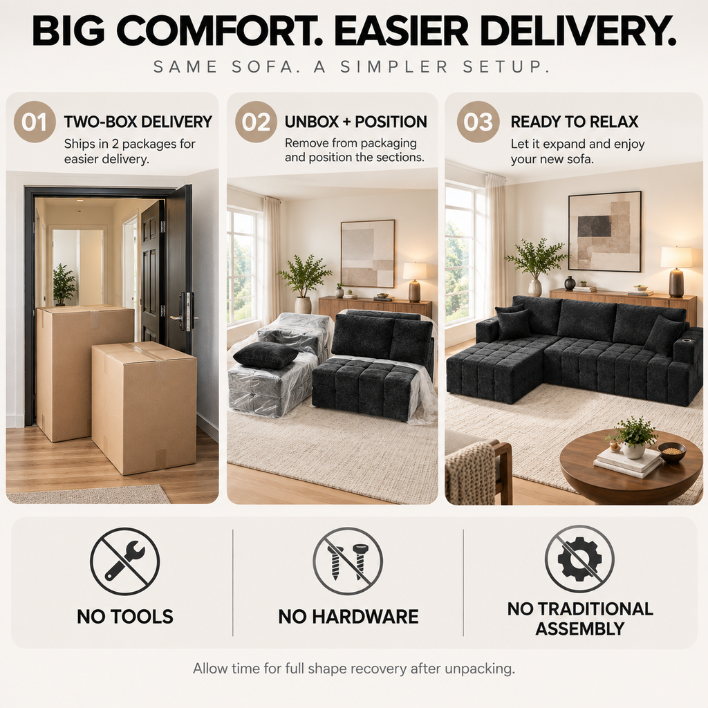 108-Inch L-Shaped Chenille Cloud Sectional Sofa with Chaise, No Assembly, Black