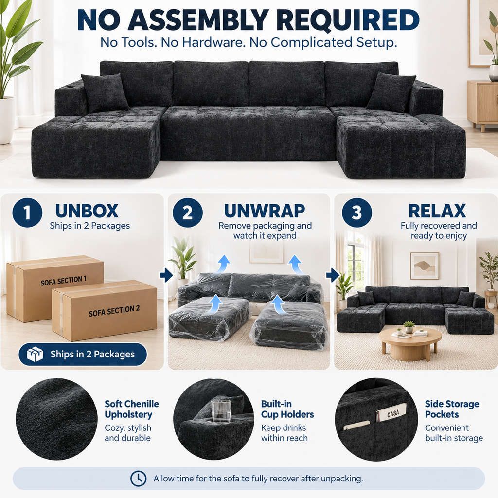 132.5" U-Shaped Chenille Sectional Sofa, 6-Seater Cloud Couch with Dual Chaises, Cup Holders & Side Pockets, No Assembly, Black
