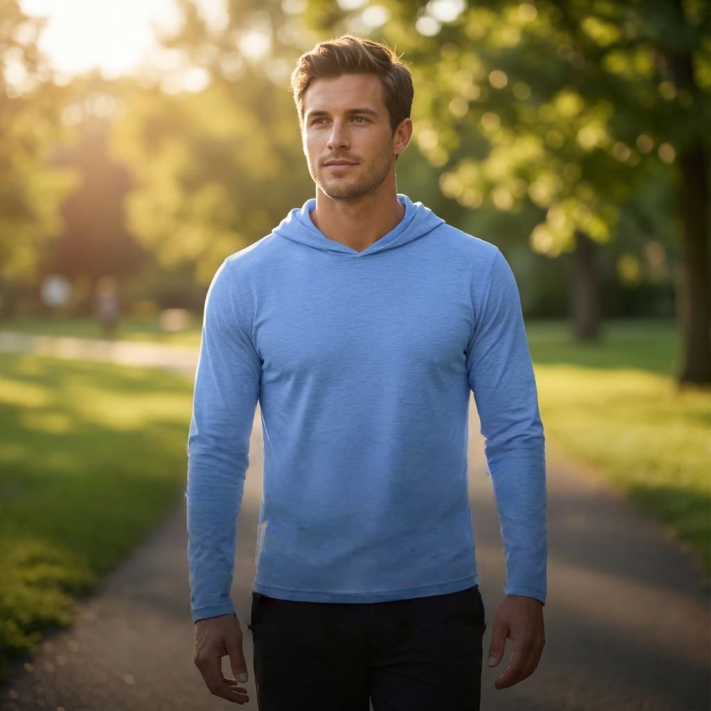 ZBORIBER Men's Hooded T-shirt, Moisture-Wicking,Quick-Drying,Highlighter Chambray,Sizes S-3XL