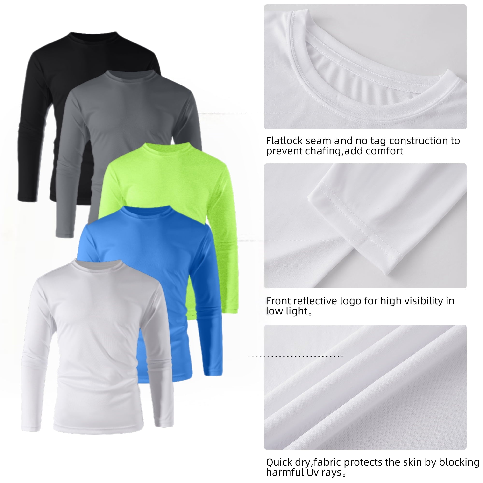 ZBORIBER Men's Quick-Dry Active Long Sleeve Shirts - Moisture Wicking, 5-Pack, Sizes S-3XL