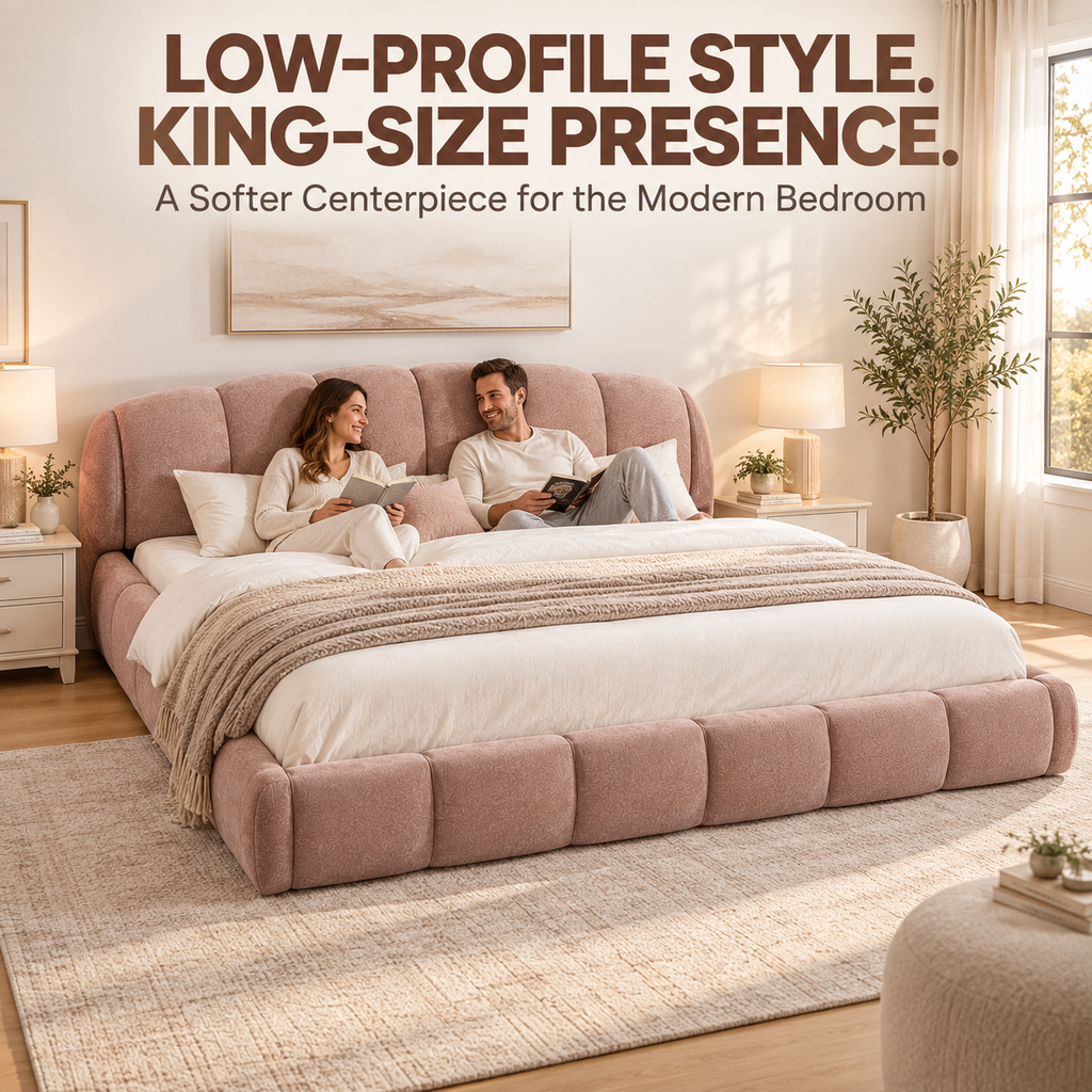 King Size Chenille Upholstered Platform Bed Frame, Curved Headboard & Wrapped Footboard, Low Profile Bed, Wood Slats, No Box Spring Needed, Pink