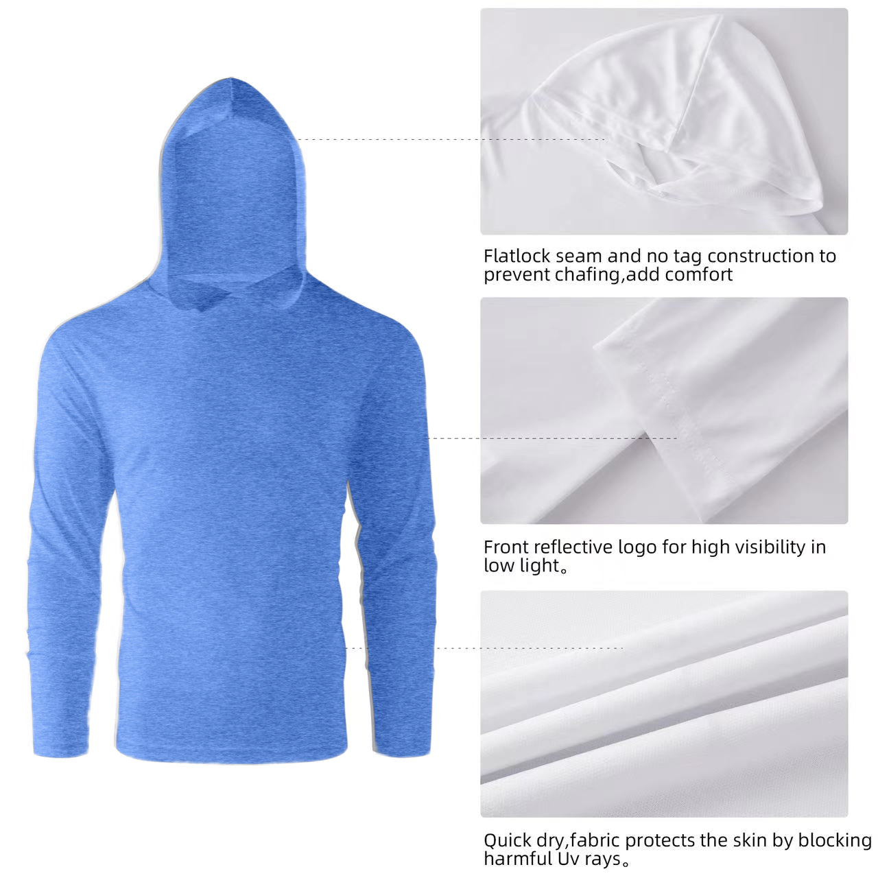 ZBORIBER Men's Hooded T-shirt, Moisture-Wicking,Quick-Drying,Highlighter Chambray,Sizes S-3XL