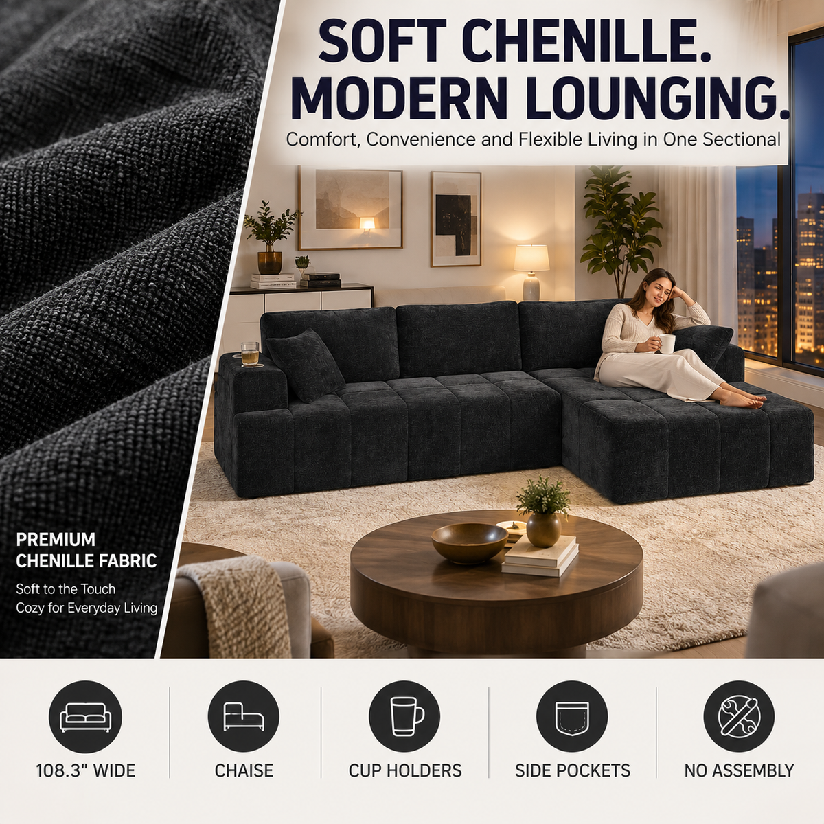 108.3" L-Shaped Chenille Sectional Sofa with Chaise, Cup Holders & Side Pockets, No Assembly, Black