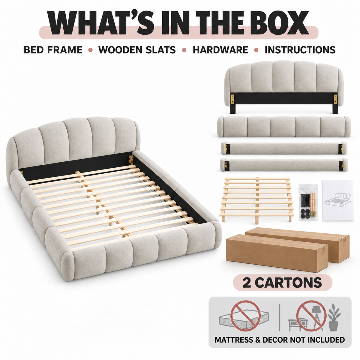 Queen Chenille Upholstered Platform Bed Frame, Curved Headboard, Beige