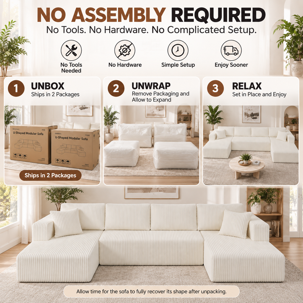 132.5" U-Shaped Modular Corduroy Sectional Sofa, 6-Seater Memory Foam Cloud Couch with Side Pockets, No Assembly, Beige
