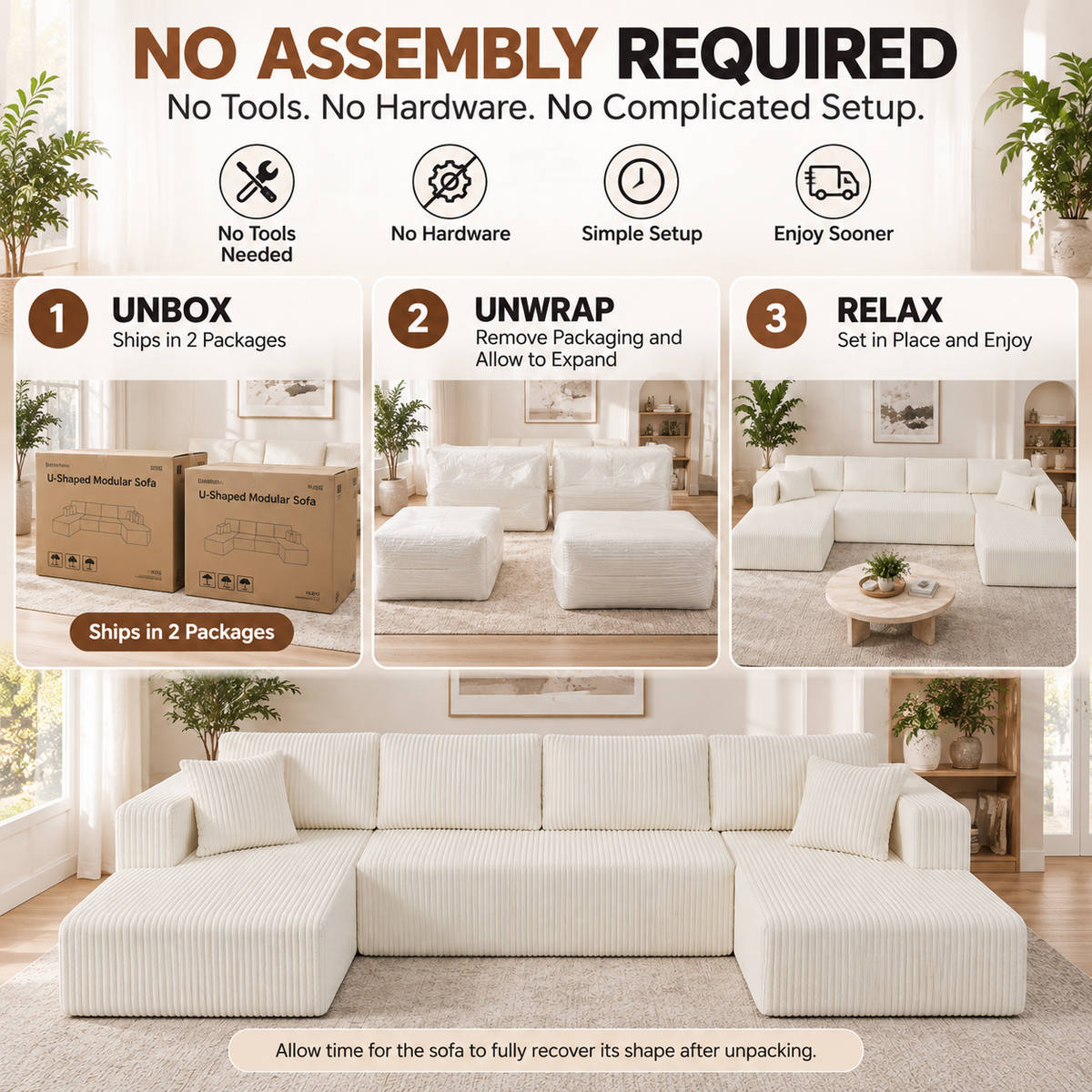 132.5" U-Shaped Modular Corduroy Sectional Sofa, 6-Seater Memory Foam Cloud Couch with Side Pockets, No Assembly, Beige
