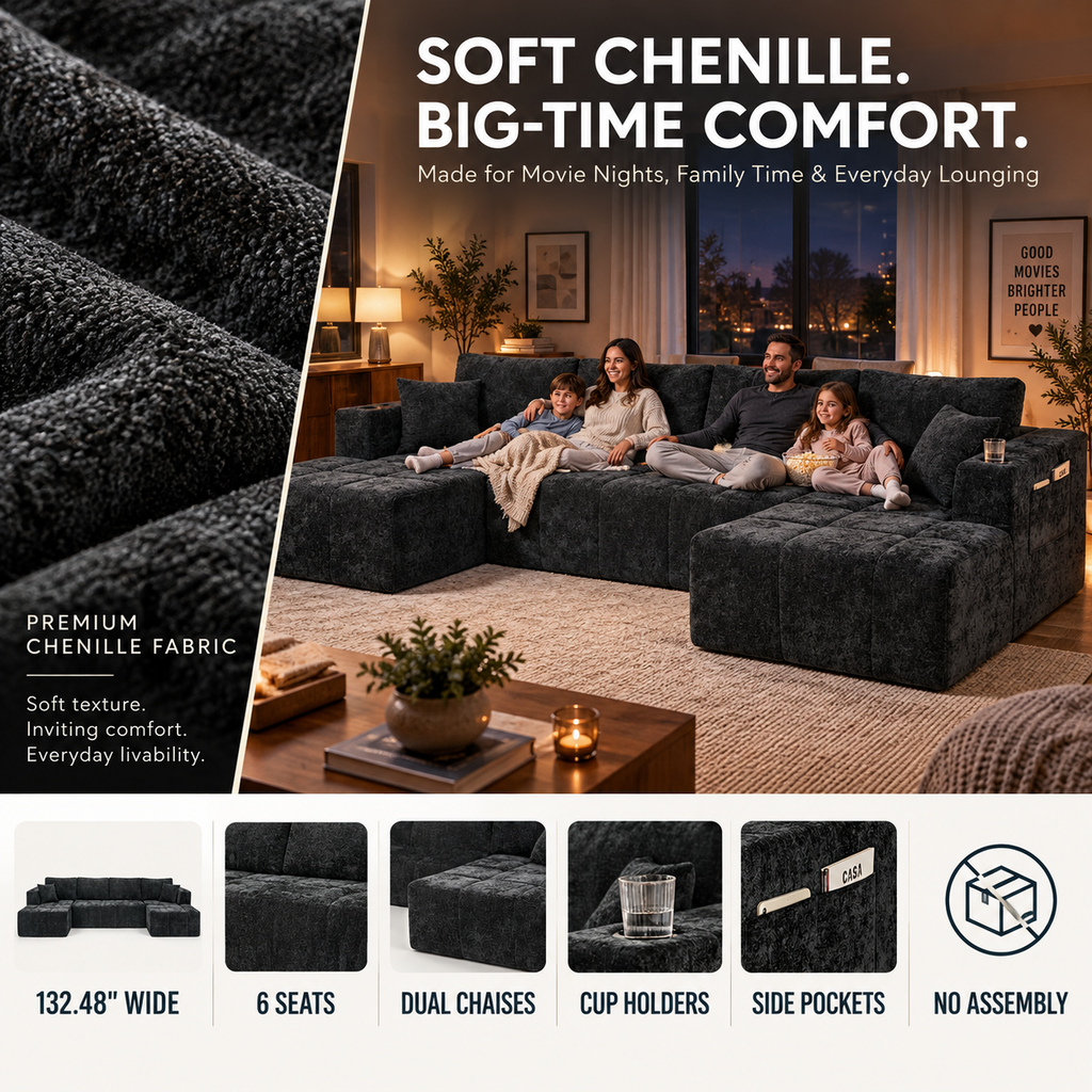 132.5" U-Shaped Chenille Sectional Sofa, 6-Seater Cloud Couch with Dual Chaises, Cup Holders & Side Pockets, No Assembly, Black