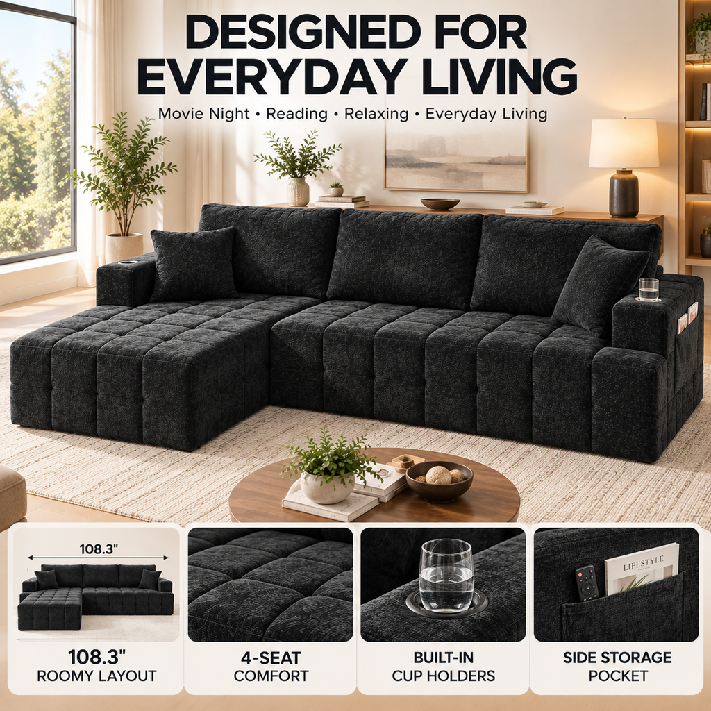108-Inch L-Shaped Chenille Cloud Sectional Sofa with Chaise, No Assembly, Black